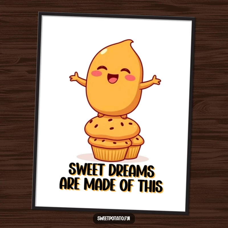 Funny Free Printable Wall Art: A laughing sweet potato character precariously balances on a tall stack of muffins.