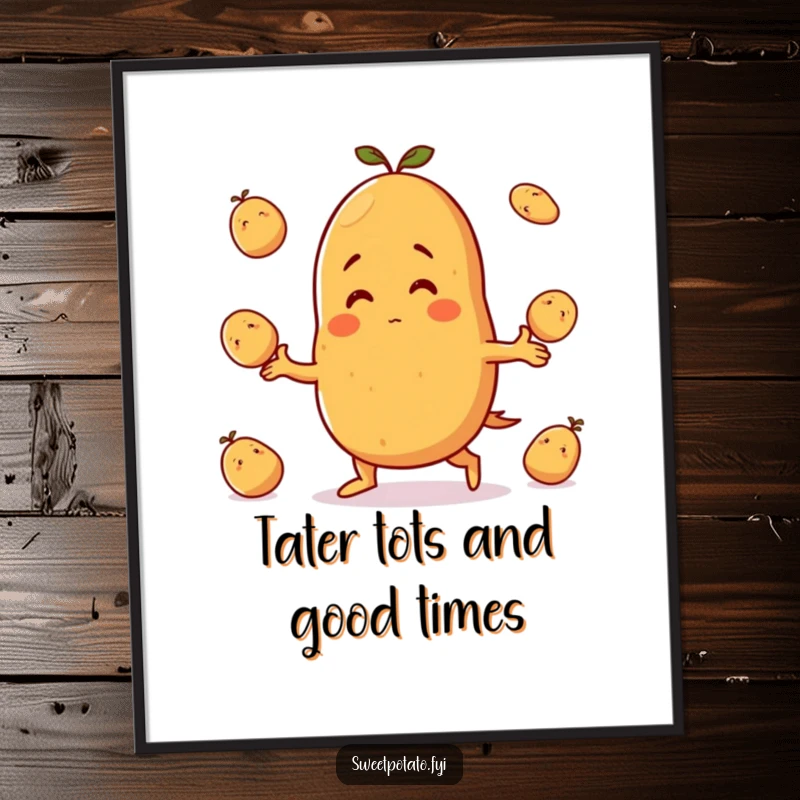 Funny Free Printable Wall Art: A smiling sweet potato character energetically juggles multiple small potatoes with impressive skill.