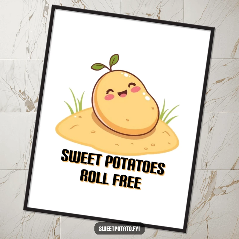 Funny Free Printable Wall Art depicting a happy sweet potato in motion, rolling down a sandy incline.