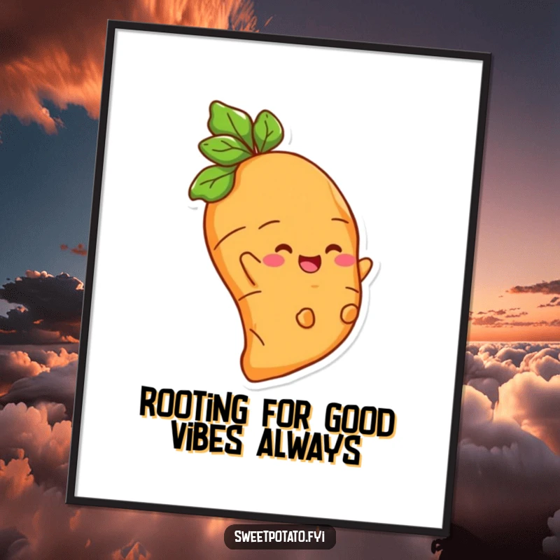 Funny Free Printable Wall Art: Delighted Sweet Potato character in mid-slide down a root, exuding pure joy and humor.