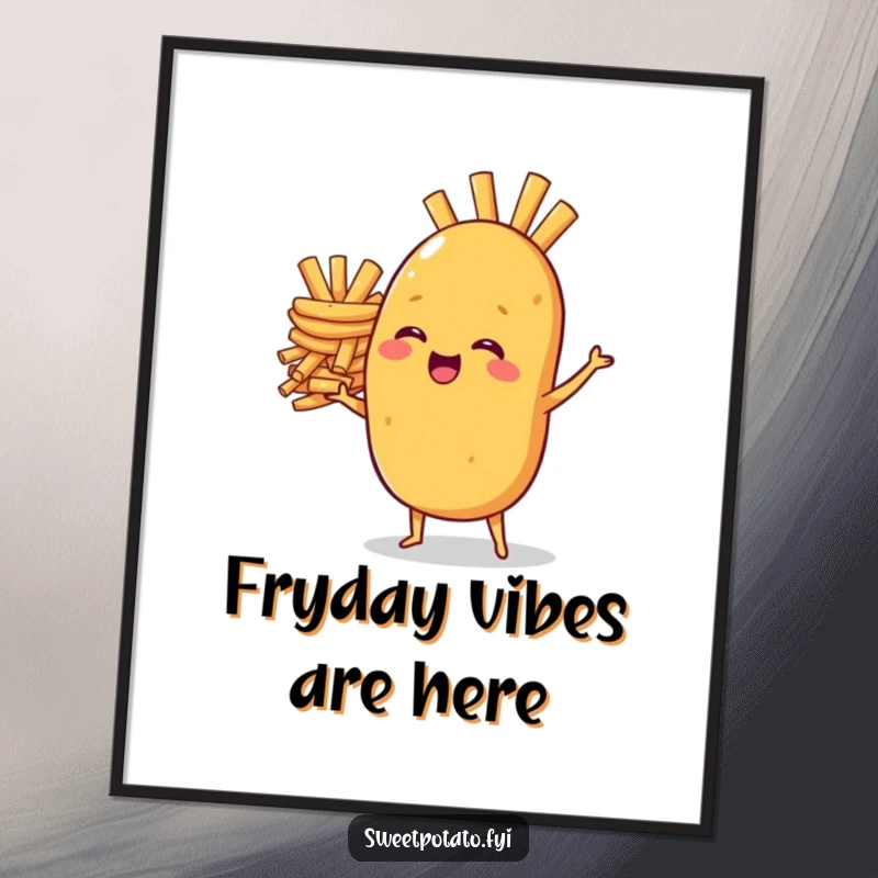 Funny Free Printable Wall Art: A sweet potato character comically giggles while balancing a huge, precarious stack of french fries.