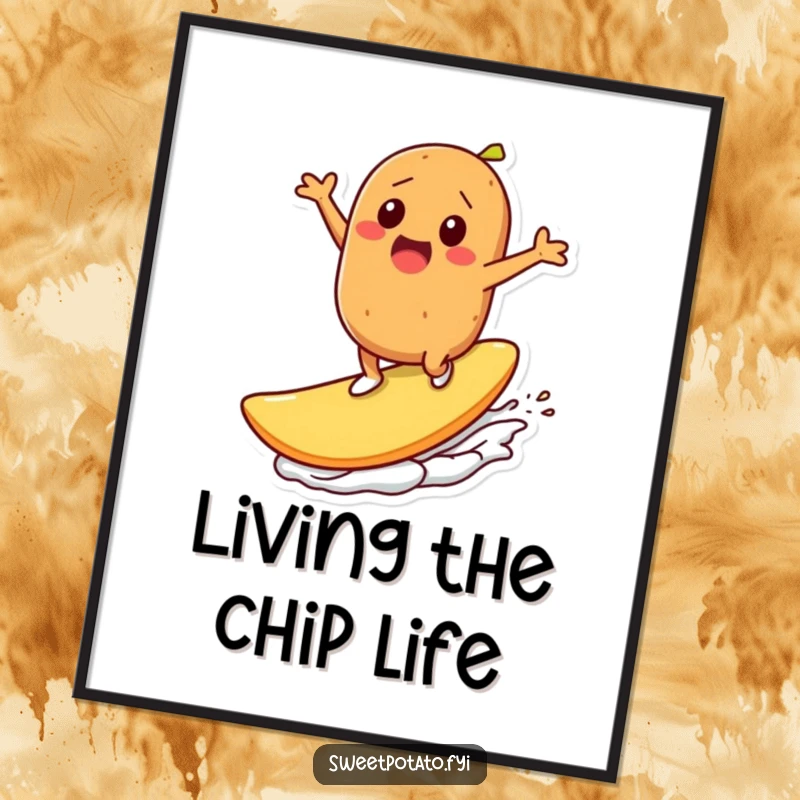 Funny Free Printable Wall Art: Energetic sweet potato character gleefully surfs a colossal potato chip with flair.