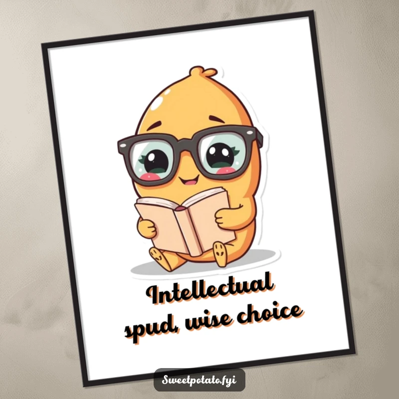 Funny Free Printable Wall Art: Giggling Sweet Potato character sporting oversized glasses, deeply engrossed in a book.