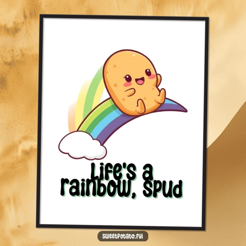Funny free printable wall art of a sweet potato character playfully sliding down a vibrant rainbow.