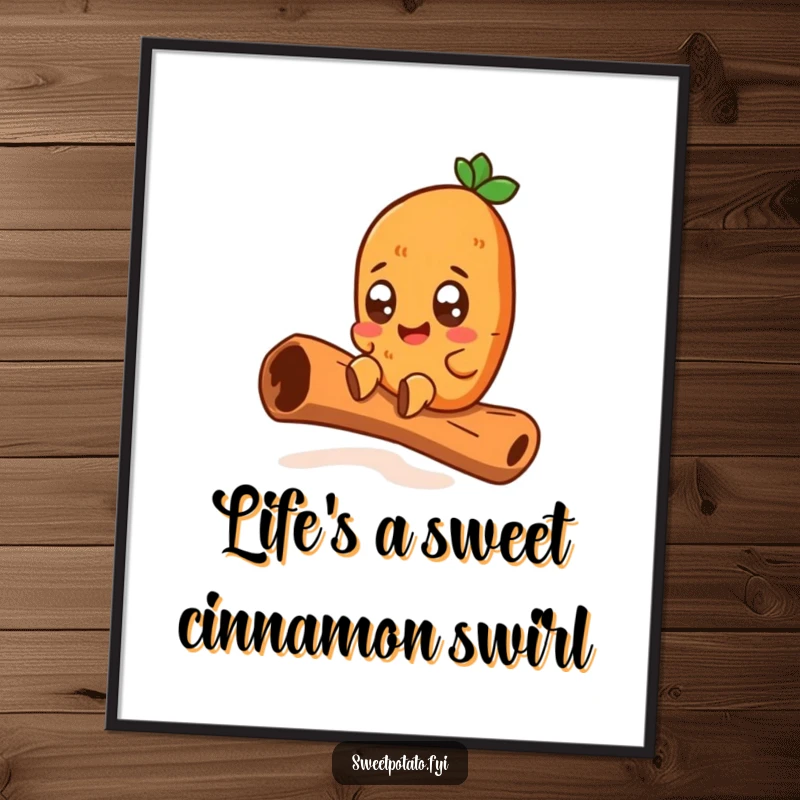 Funny Free Printable Wall Art: Sweet Potato with Wide Eyes Joyfully Sliding Down a Giant Cinnamon Stick