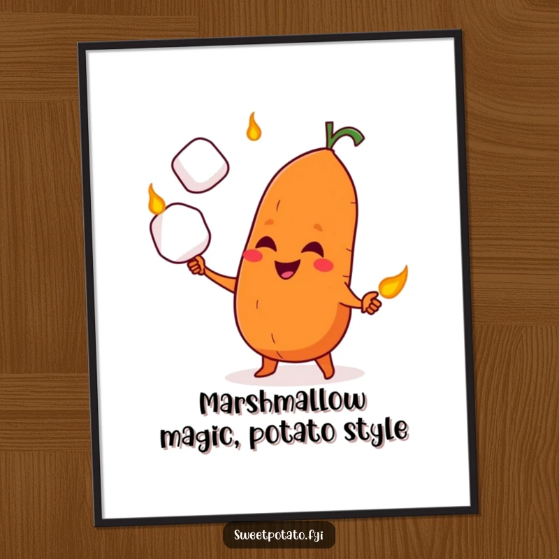 Funny Free Printable Wall Art: A sweet potato character with a mischievous grin juggles three roasted marshmallows.
