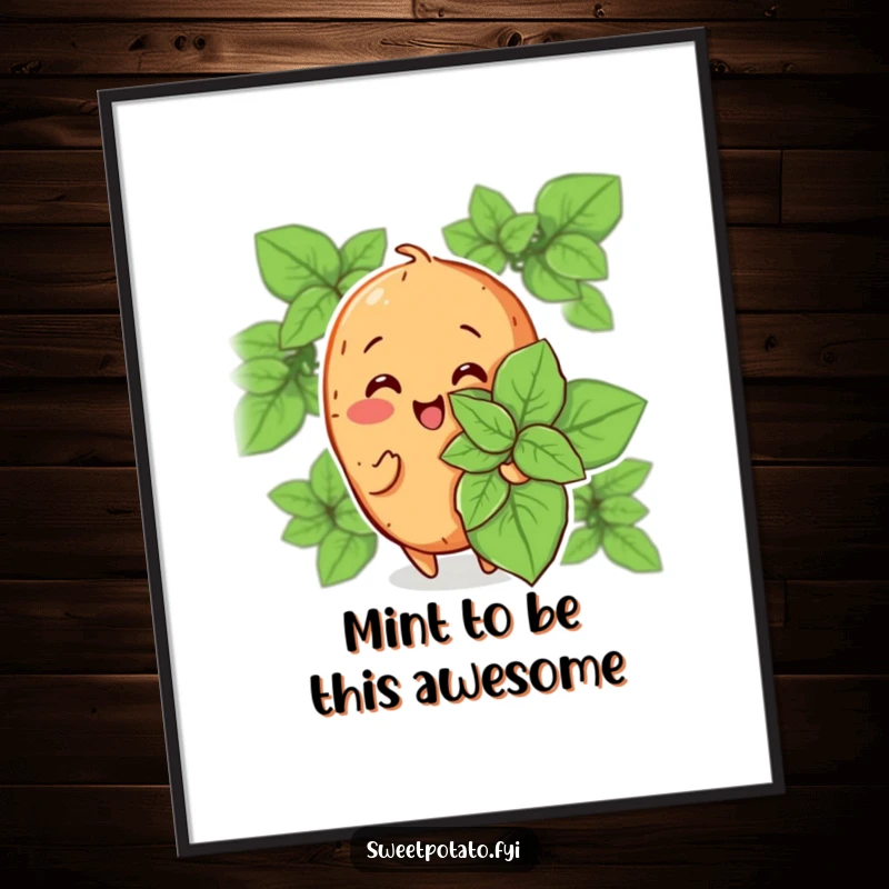 Funny Free Printable Wall Art: Cheerful Sweet Potato Fanning Itself with a Large Mint Leaf, Staying Cool