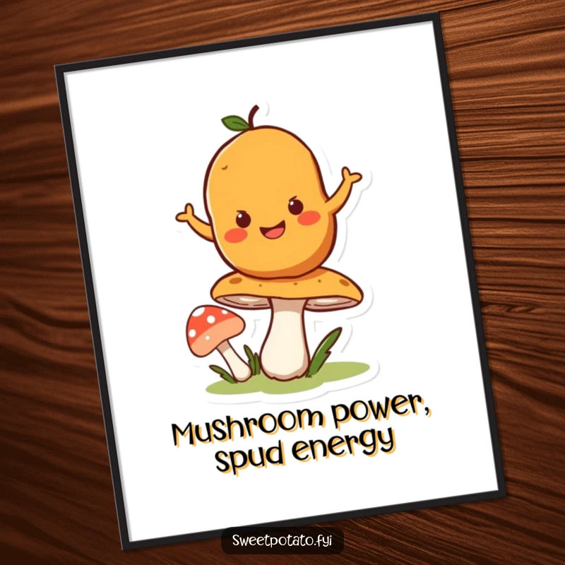 Funny Free Printable Wall Art: Happy Sweet Potato character comically bouncing high on a large, springy mushroom.