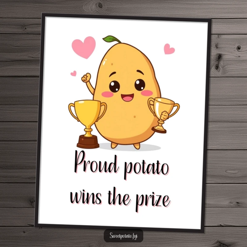 Funny Free Printable Wall Art: A proud sweet potato with a massive smile proudly displays a golden trophy, inspiring achievement and joy.