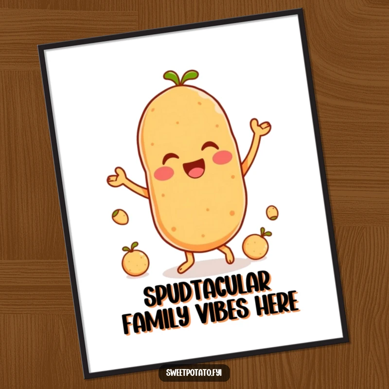 Funny Free Printable Wall Art: A cheerful sweet potato character dances gleefully with its little spud friends.