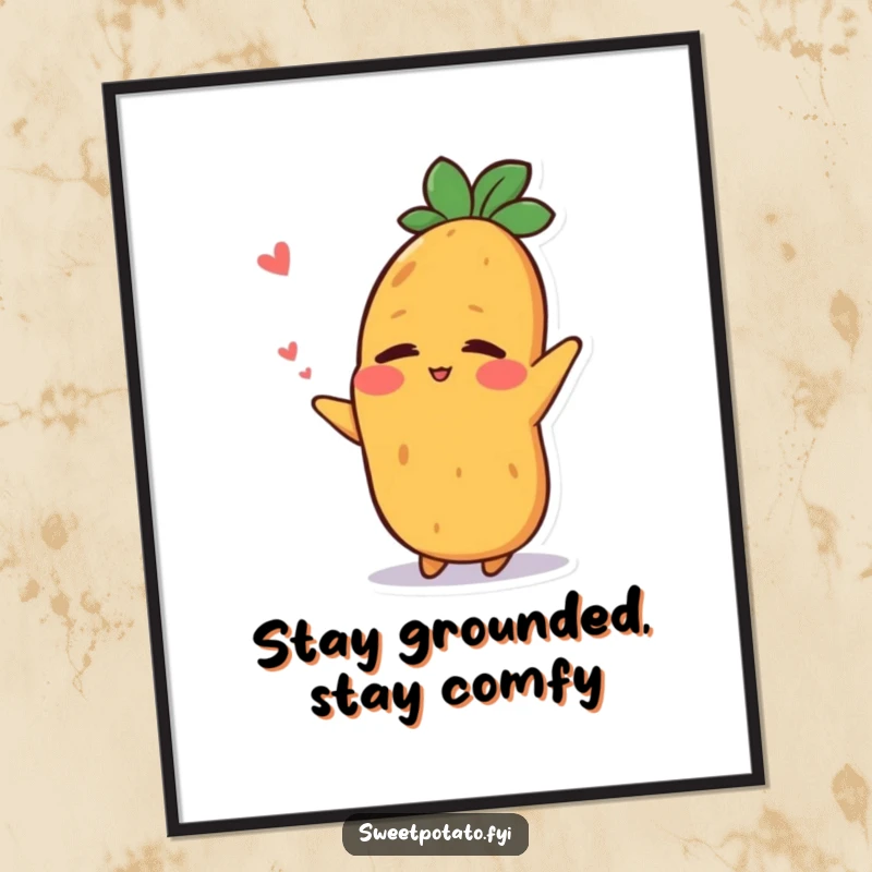 Funny free printable wall art depicting a sweet potato character stretching contentedly with a relieved smile, embracing post-nap serenity.