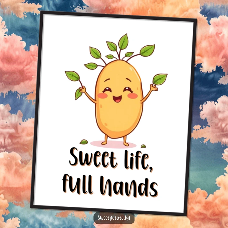 Funny free printable wall art depicting a smiling sweet potato character skillfully juggling several tiny green leaves.