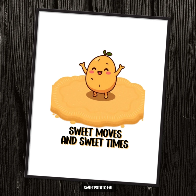 Funny Free Printable Wall Art: A sweet potato character doing a happy little dance on a soft, inviting bed of brown sugar.