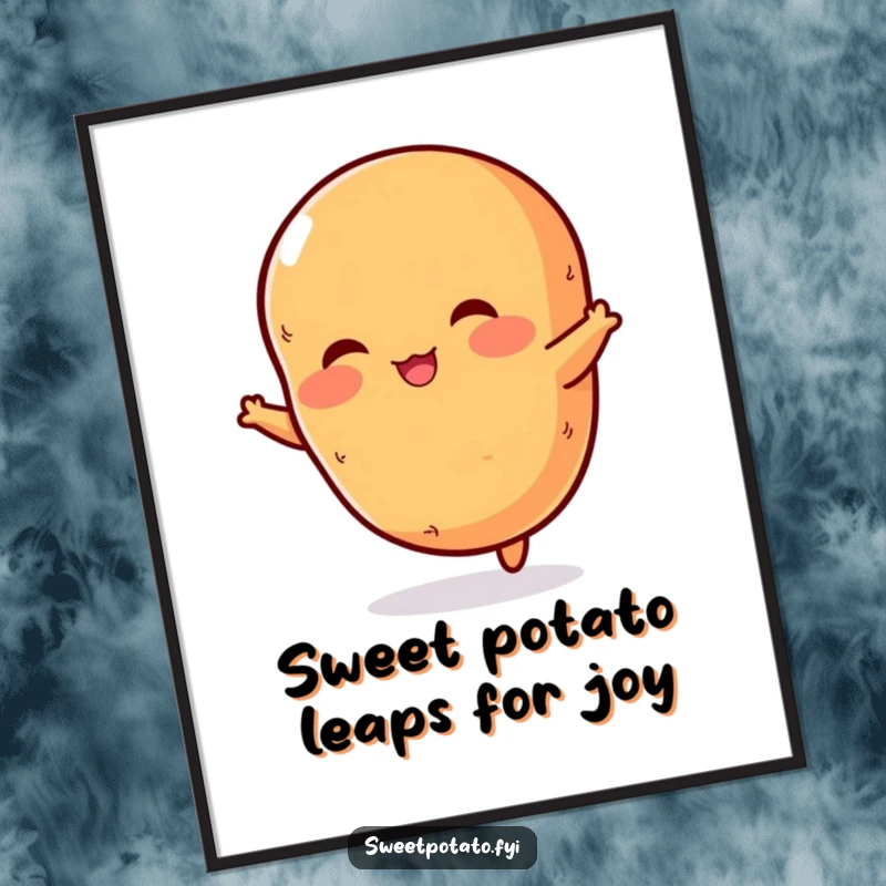 Funny Free Printable Wall Art: A vibrant sweet potato with rosy cheeks performing an energetic jump, bringing a playful and fun vibe to decor.
