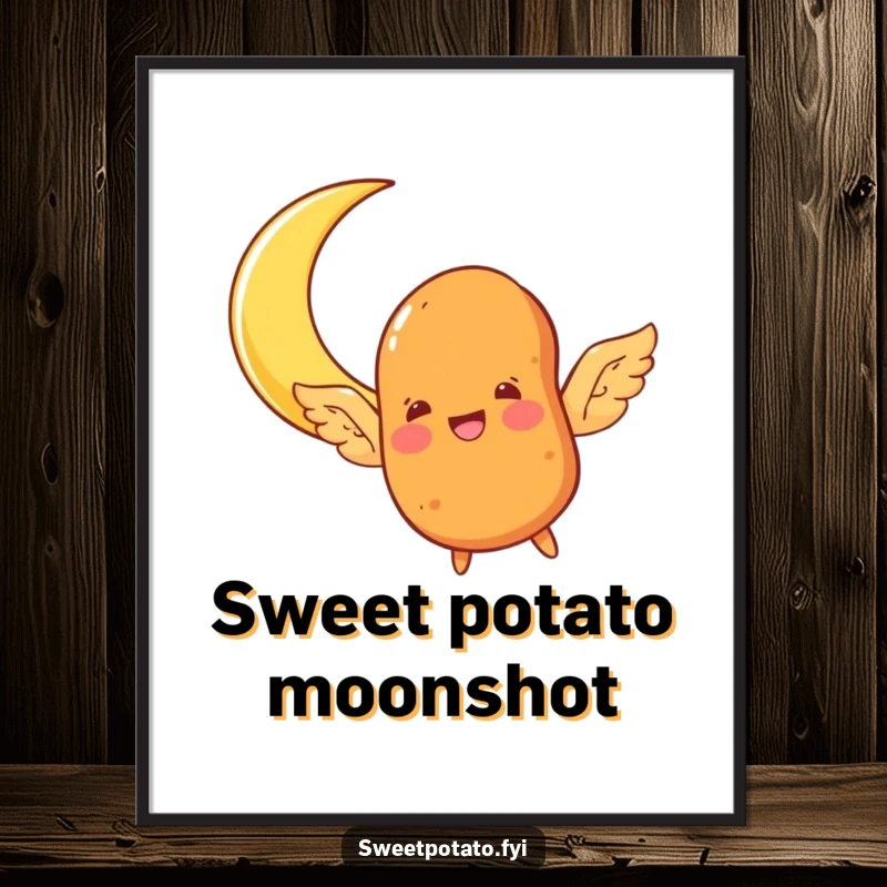 Funny Free Printable Wall Art: A sweet potato character sprouting wings, joyfully flying towards a bright crescent moon in a whimsical scene.