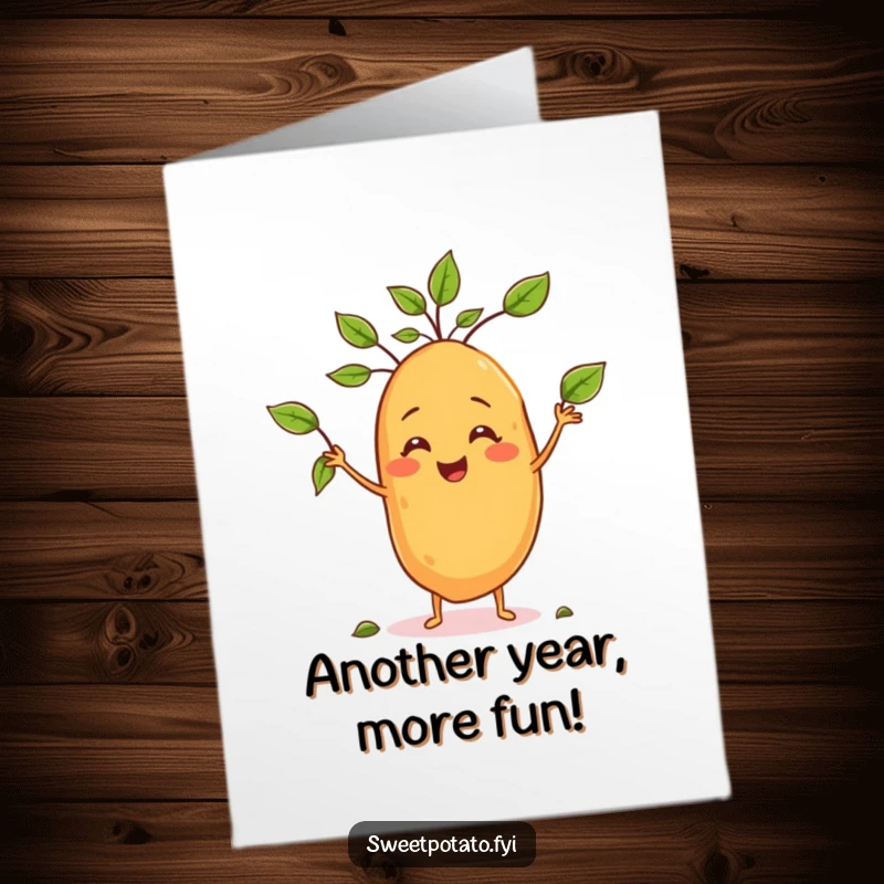 Funny free printable birthday card featuring a smiling sweet potato character expertly juggling small green leaves.