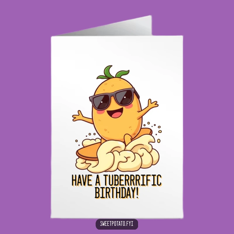 Free Printable Birthday Card: Surfing Sweet Potato, Funny Tuber Greeting, Downloadable Gift