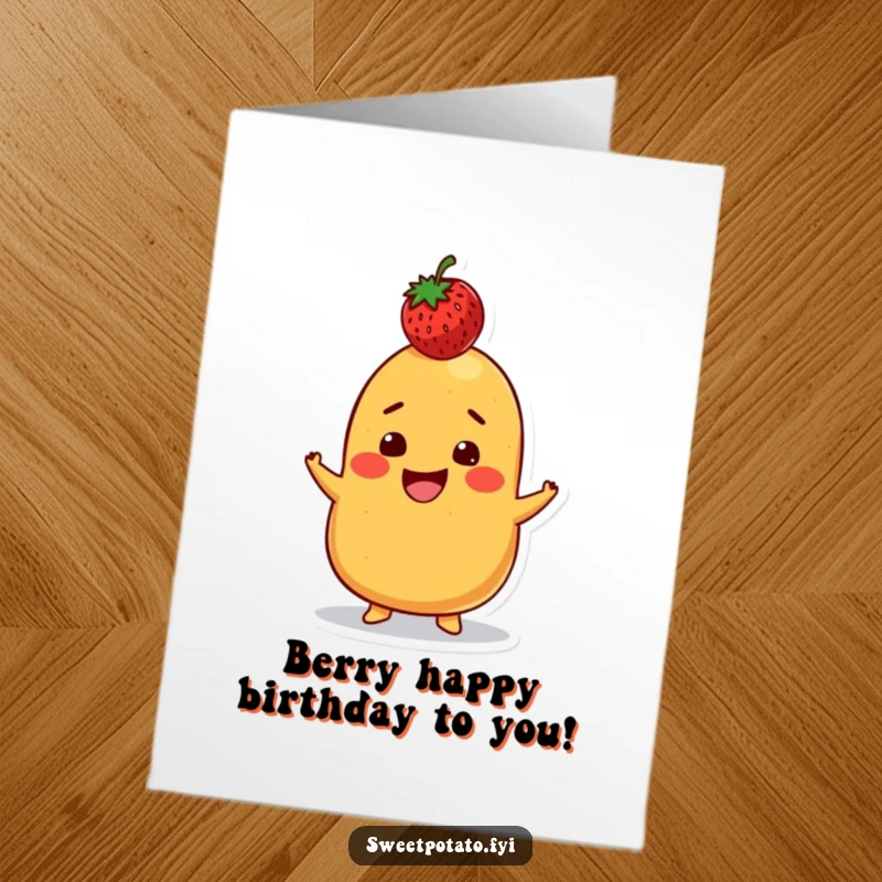 Funny Free Printable Birthday Card: Sweet Potato Grinning While Balancing a Strawberry on its Head