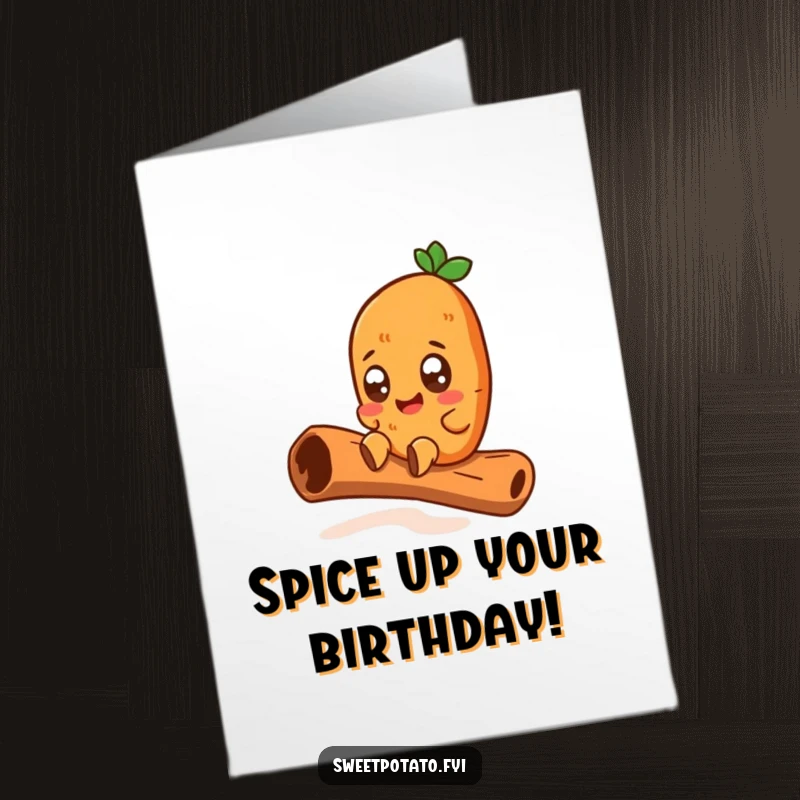 Funny Free Printable Birthday Card: Sweet Potato Joyfully Sliding Down a Giant Cinnamon Stick