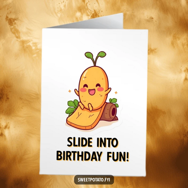 Funny Free Printable Birthday Card: A cheerful sweet potato character gleefully slides down a giant yam slide.