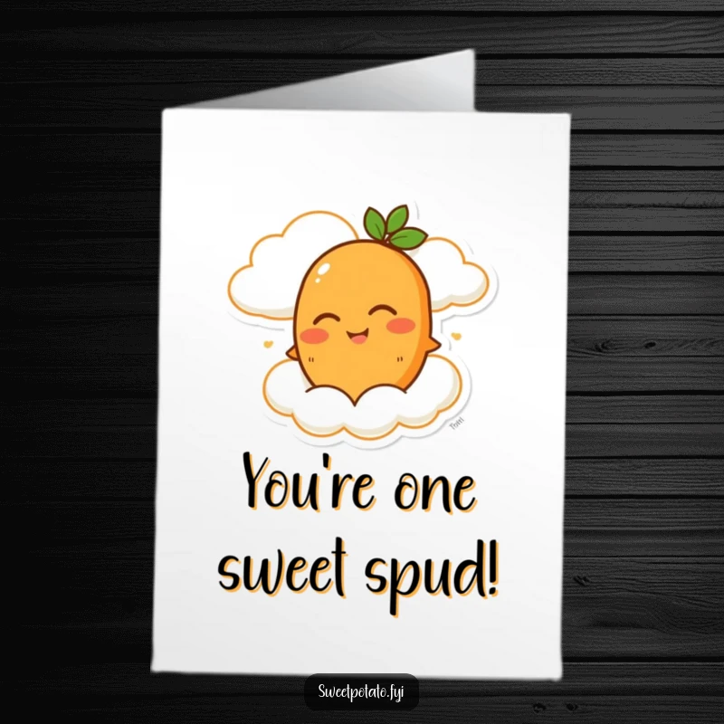 Funny Free Printable Birthday Card: A winking sweet potato character is joyfully carried aloft by a smiling, fluffy happy cloud.