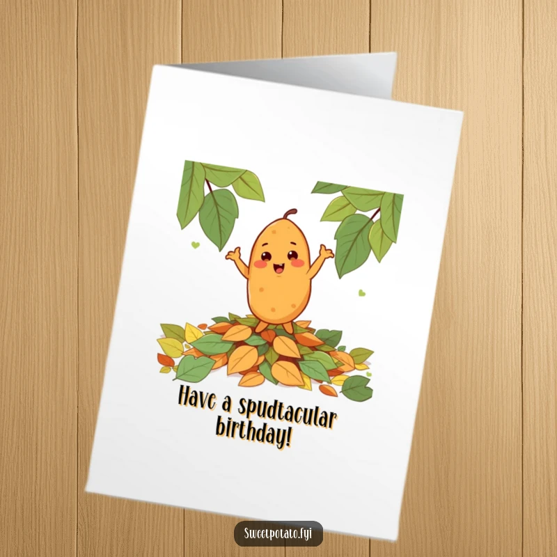 Funny Free Printable Birthday Card: A cheerful sweet potato does a happy dance on autumn leaves, spreading birthday vibes.