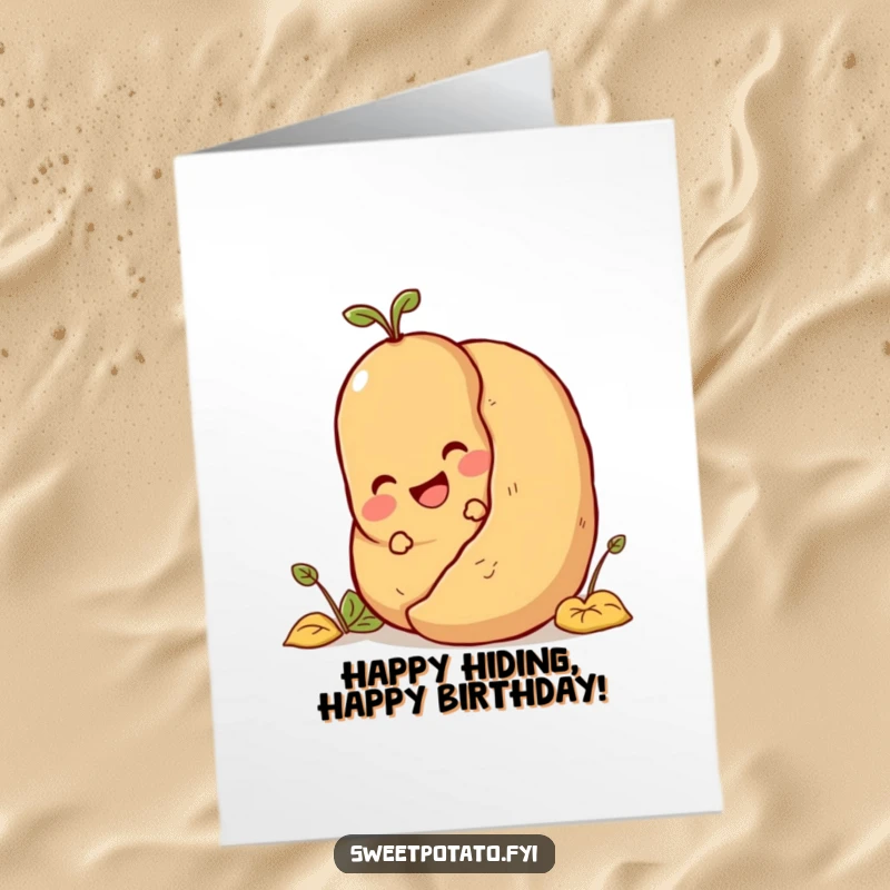 Funny Free Printable Birthday Card: A delighted sweet potato character peeking out playfully while hiding behind a very large potato.