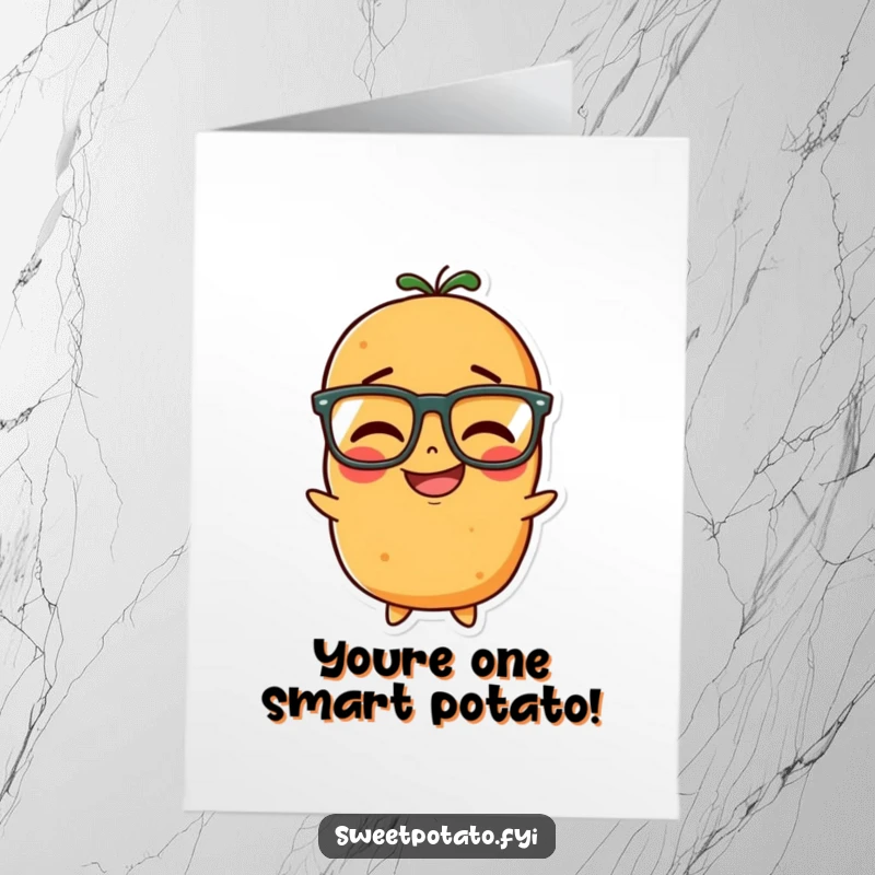 Funny Free Printable Happy Birthday card featuring a sweet potato character wearing glasses and giggling heartily. A smart choice.