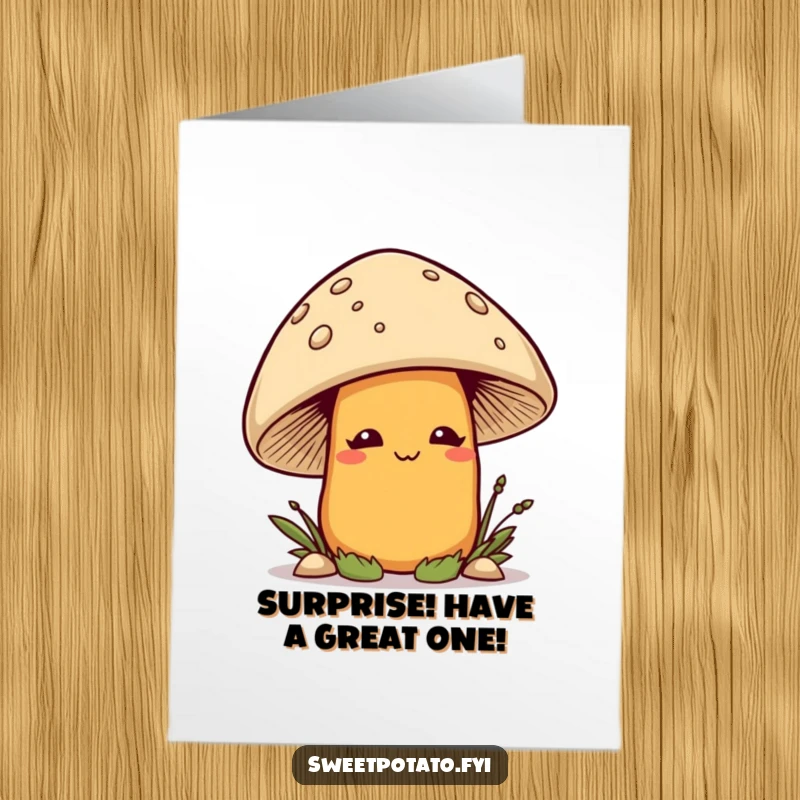 Funny Free Printable Birthday Card: A smirking sweet potato peeks playfully from behind a mushroom, wishing a happy birthday.