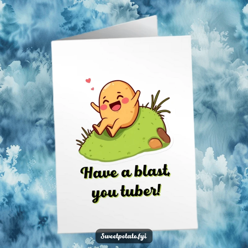 Funny Free Printable Birthday Card: A giggling sweet potato gleefully slides down a grassy hill, celebrating your big day.