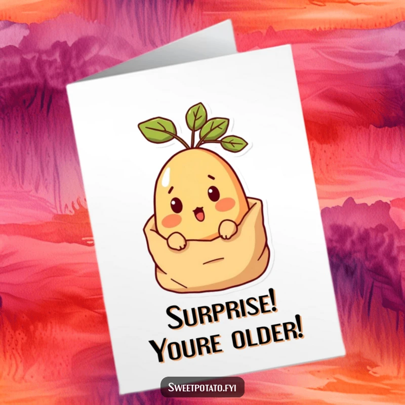 Funny Free Printable Sweet Potato Birthday Card: Surprised character peeking from sack, a fun and unexpected downloadable gift.