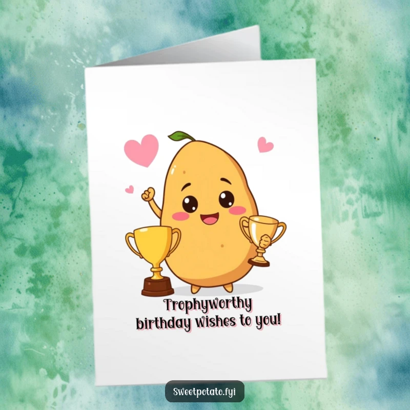 Funny Free Printable Birthday Card: A proud sweet potato with a beaming smile clutches a golden trophy, celebrating its well-deserved victory.