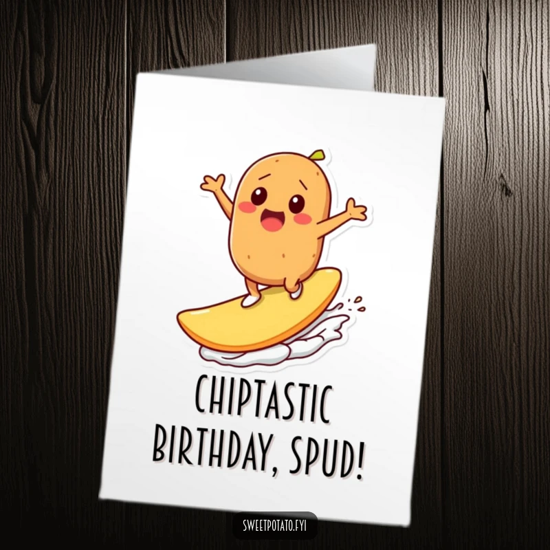 Funny Free Printable Birthday Card: Sweet potato dude shreds a massive chip, ready to party with birthday cheer.