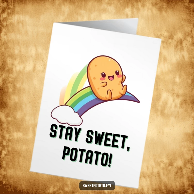 Funny free printable birthday card featuring a sweet potato character joyfully sliding down a vibrant rainbow.