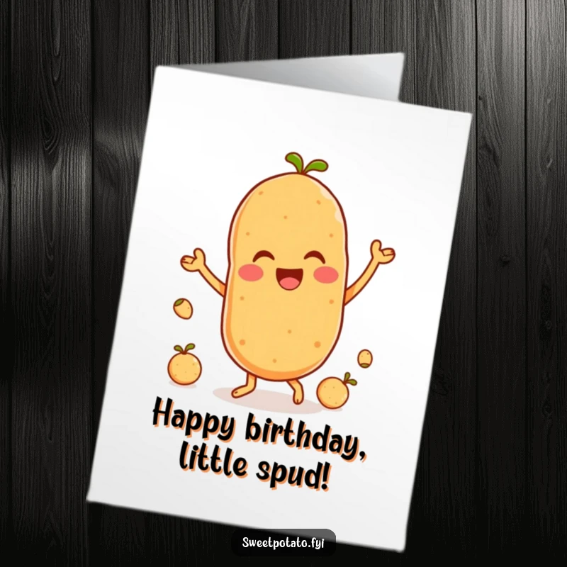 Funny Free Printable Birthday Card: A delighted sweet potato character joyfully dances with tiny baby spuds.