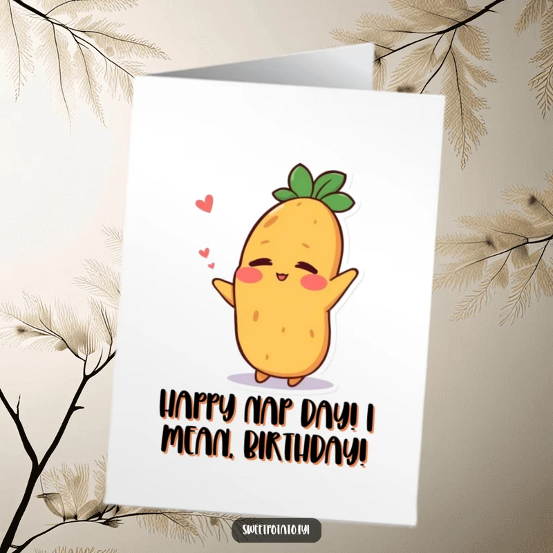 Funny free printable birthday card of a sweet potato character stretching with a relieved, happy smile after a restful nap.