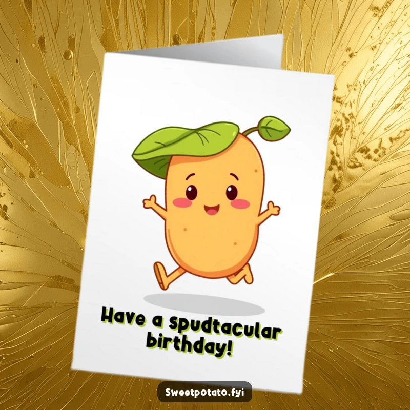 Funny Free Printable Happy Birthday card featuring a sweet potato character joyfully skipping while wearing a cute leaf hat.