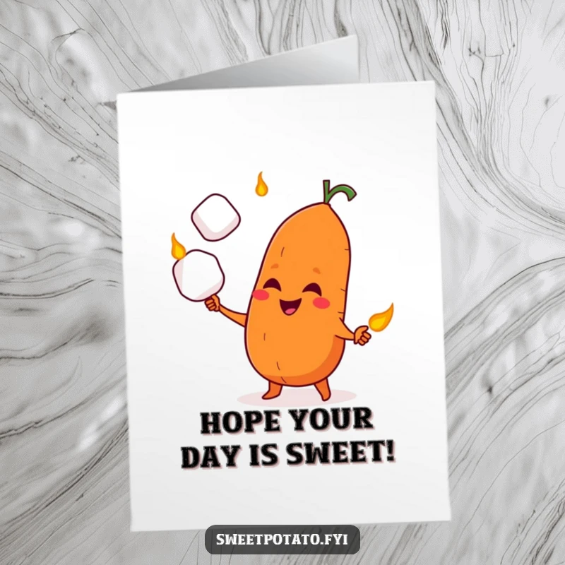 Funny Free Printable Birthday Card: Sweet potato character with a mischievous grin juggles three roasted marshmallows expertly.