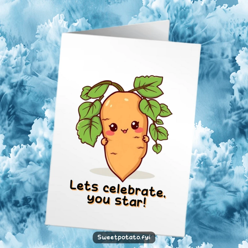 Funny Free Printable Birthday Card: A sweet potato character peeks playfully from behind a root, offering a delightful birthday surprise.
