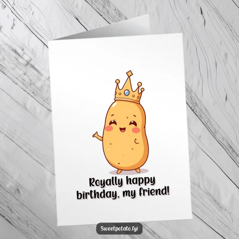 Funny Free Printable Birthday Card: A sweet potato adorned with a tiny crown, striking a majestic pose, ready to rule the birthday celebration.