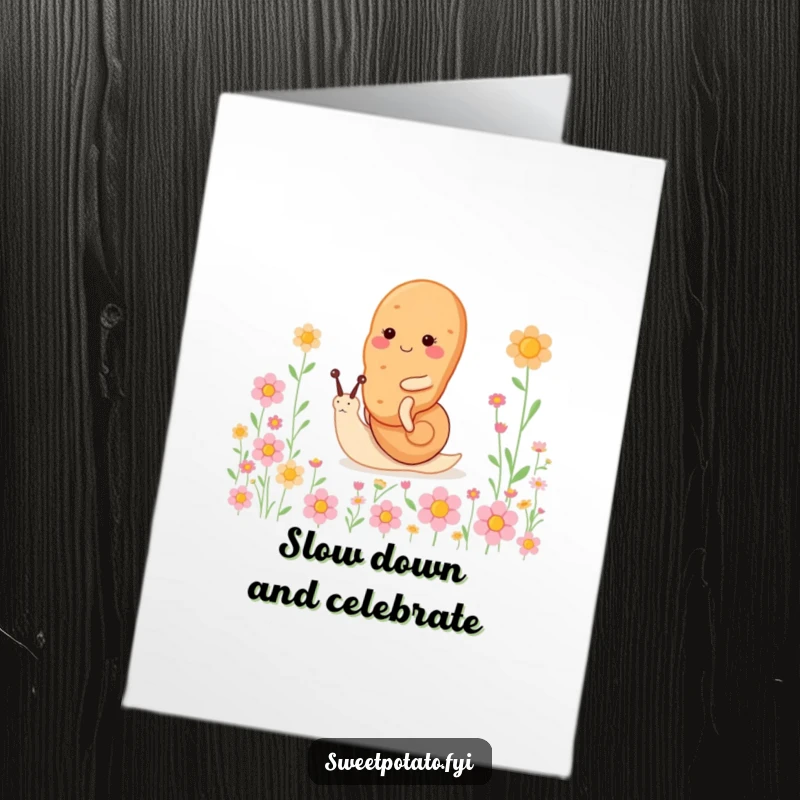 Funny Free Printable Birthday Card: A sweet potato character happily riding a tiny snail through a colorful field of flowers.