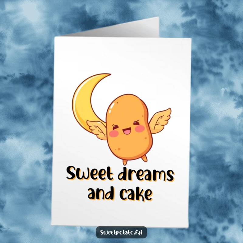 Funny Free Printable Birthday Card: A sweet potato with wings joyfully flying towards a glowing crescent moon for a birthday wish.