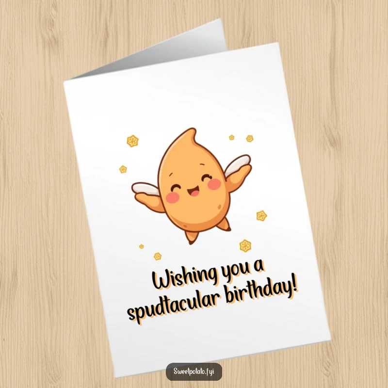 Funny Free Printable Birthday Card: Sweet potato character with tiny wings joyfully flying through cinnamon sugar clouds.