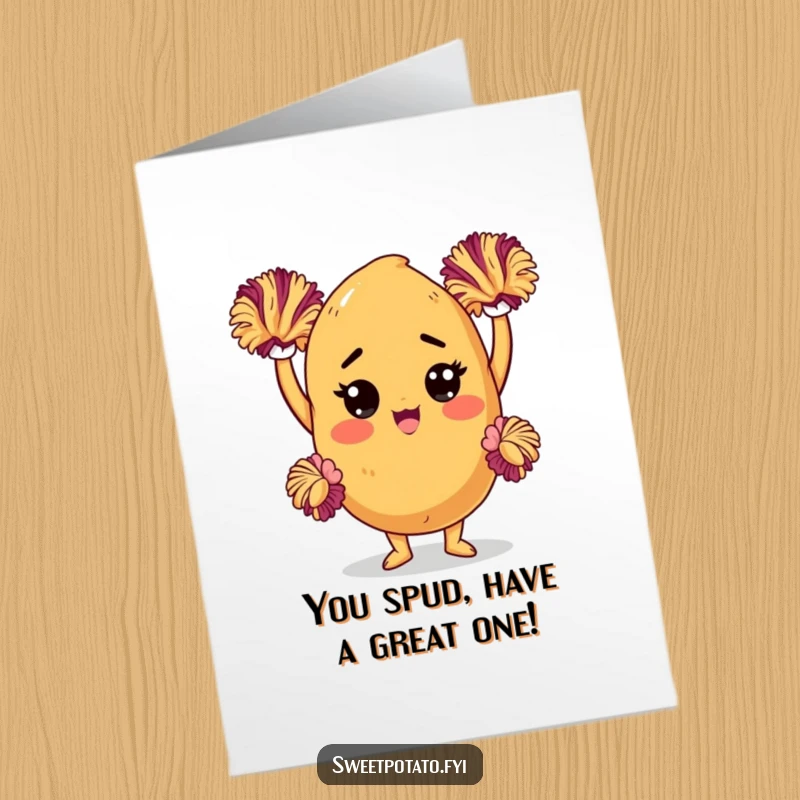 Funny Free Printable Birthday Card: Determined sweet potato character enthusiastically cheering with pom-poms, ready to celebrate a special birthday.