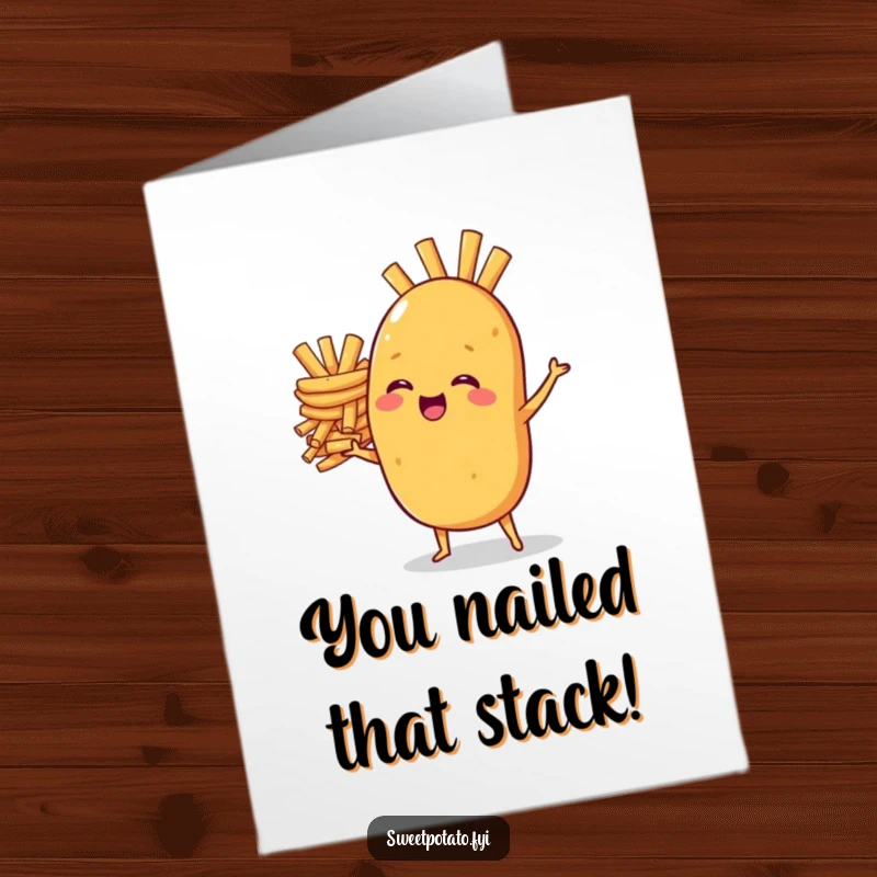Funny Free Printable Congrats Card: Ecstatic sweet potato shows off impressive balance with a tall stack of french fries.