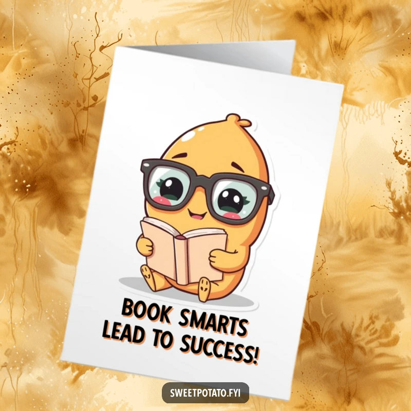 Funny Free Printable Congratulations Card: Giggling Sweet Potato character wearing big glasses, reading a book to celebrate.