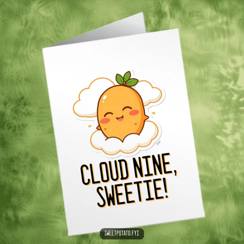 Funny Free Printable Congratulations Card: A winking sweet potato character floats serenely atop a cheerful, smiling cloud.