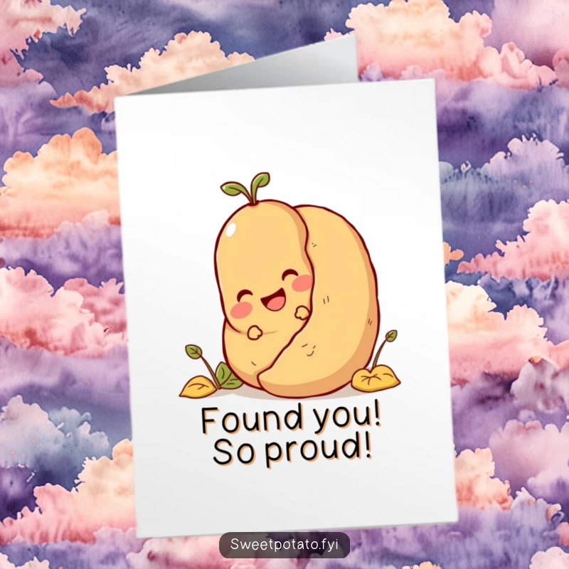 Funny Free Printable Congratulations Card: A delighted sweet potato character peeking from behind a large potato, celebrating their win.