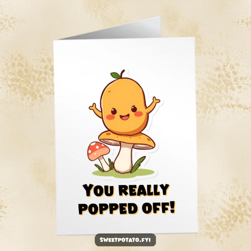 Funny Free Printable Congratulations Card: Happy Sweet Potato character mid-bounce on a mushroom, celebrating success.