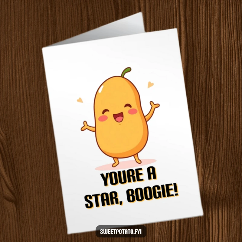 Funny Free Printable Congratulations Card: A sweet potato character is caught mid-happy dance, expressing exuberant celebration and congratulations.